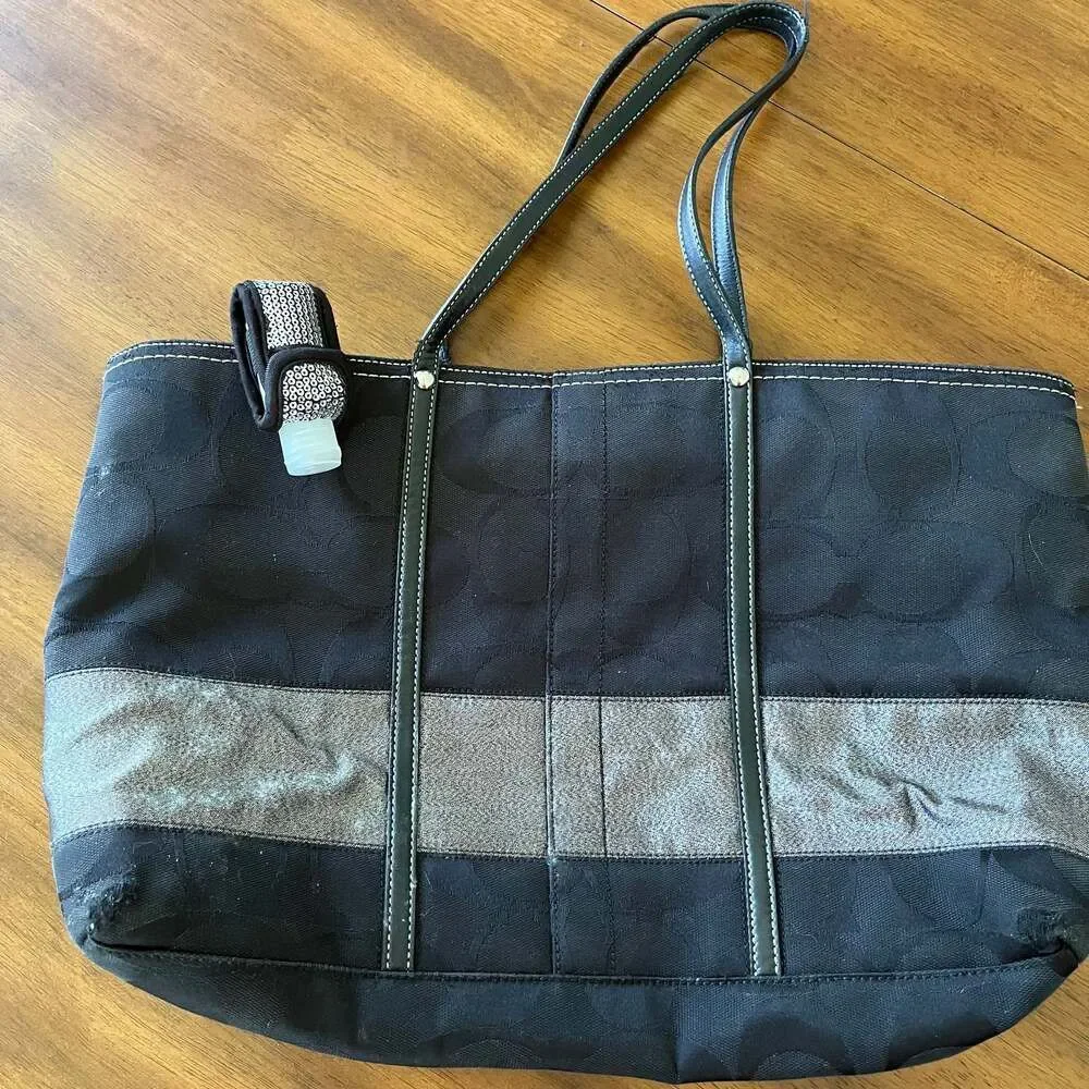 Coach Black Gunmetal Signature Stripe Tote 11098 Handbag Purse